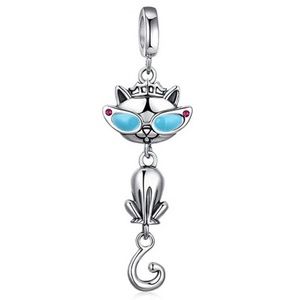 100% 925 Silver Diva Cat & Glasses Charm Pendant